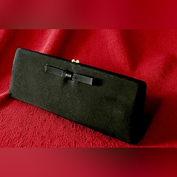 Vintage Handbags - Harry Levine (HL) Black Satin Envelope Clutch Bag with Bow Detail and Gold Frame